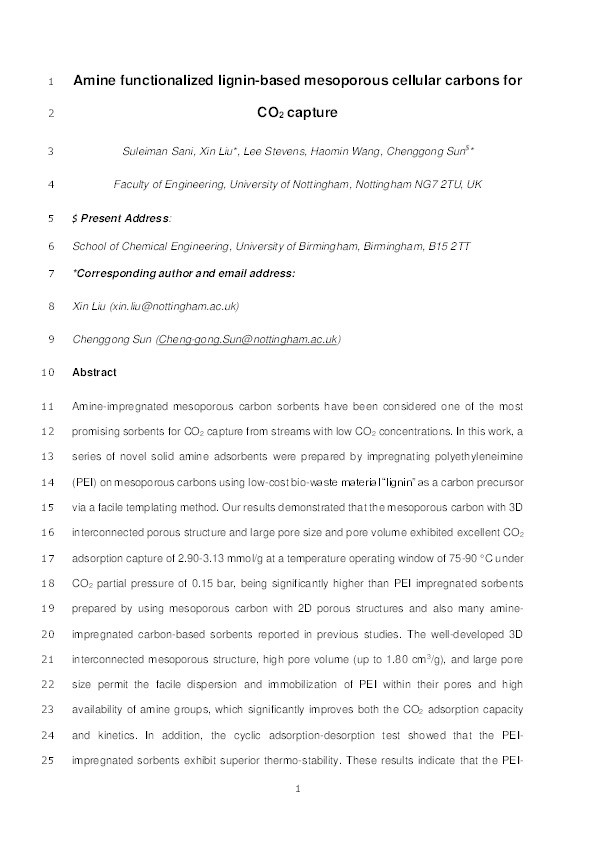 Amine functionalized lignin-based mesoporous cellular carbons for CO2 capture Thumbnail