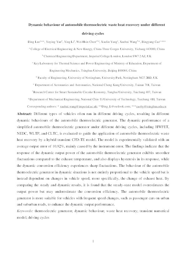 Dynamic behaviour of automobile thermoelectric waste heat recovery under different driving cycles Thumbnail