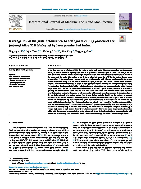 Investigation of the grain deformation to orthogonal cutting process of the textured Alloy 718 fabricated by laser powder bed fusion Thumbnail