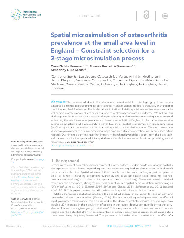 Spatial microsimulation of osteoarthritis prevalence at the small area level in England – Constraint selection for a 2-stage microsimulation process Thumbnail