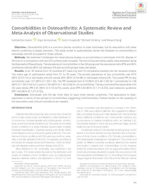 Comorbidities in Osteoarthritis: a systematic review and meta-analysis of observational studies Thumbnail
