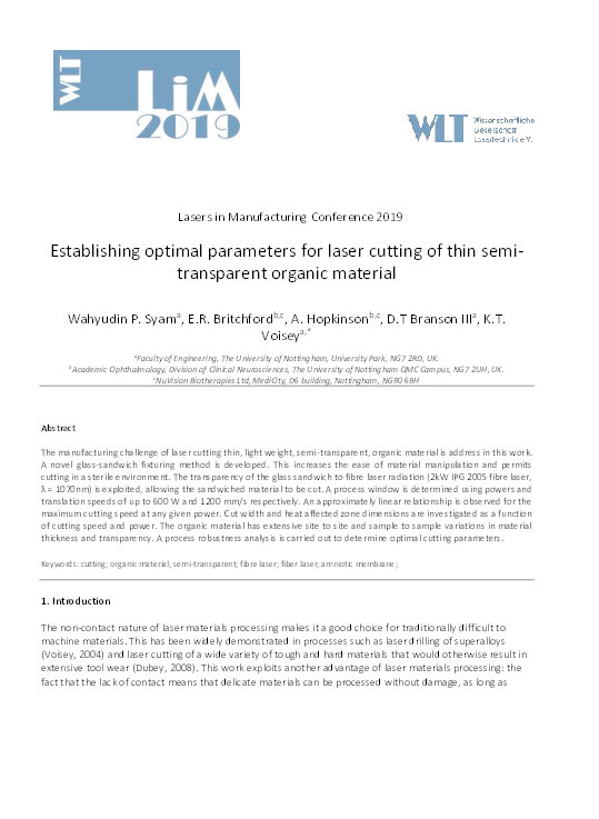 Establishing Optimal Parameters For Laser Cutting Of Thin Semitransparent Organic Material Thumbnail