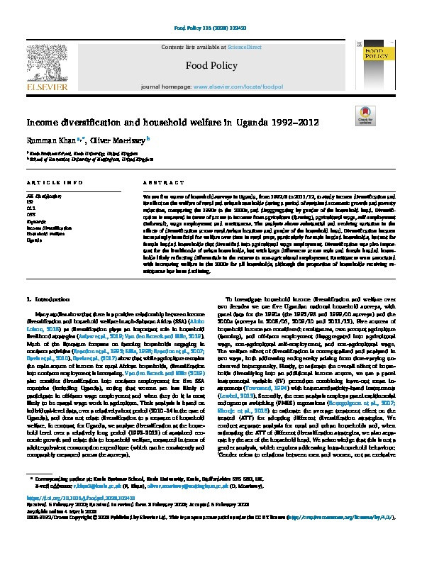 Income diversification and household welfare in Uganda 1992–2012 Thumbnail