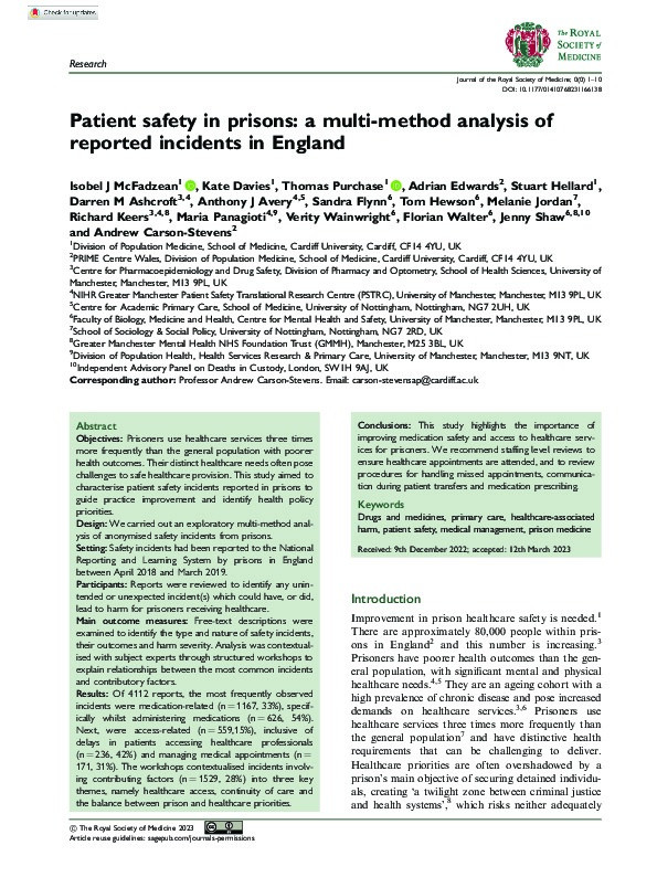 Patient safety in prisons: a multi-method analysis of reported incidents in England Thumbnail