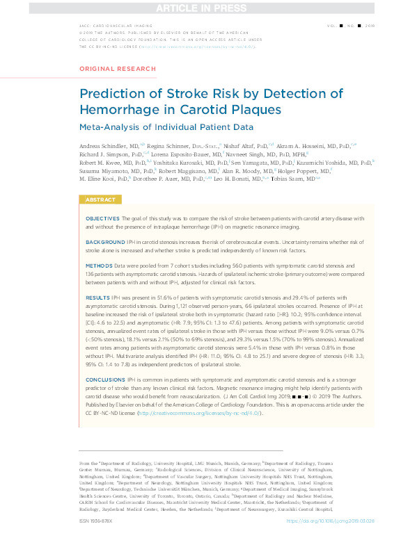 Prediction of Stroke Risk by Detection of Hemorrhage in Carotid Plaques: Meta-Analysis of Individual Patient Data Thumbnail