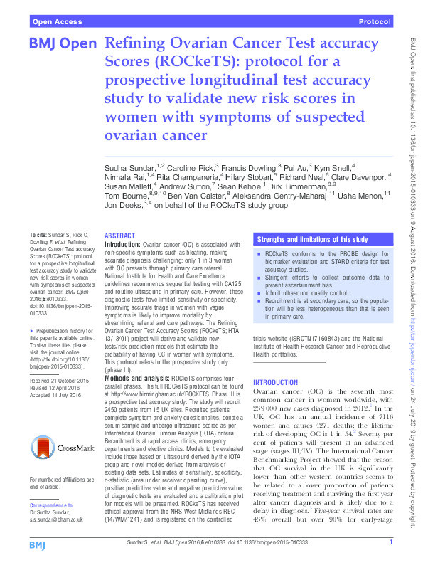 Refining Ovarian Cancer Test accuracy Scores (ROCkeTS): protocol for a prospective longitudinal test accuracy study to validate new risk scores in women with symptoms of suspected ovarian cancer Thumbnail
