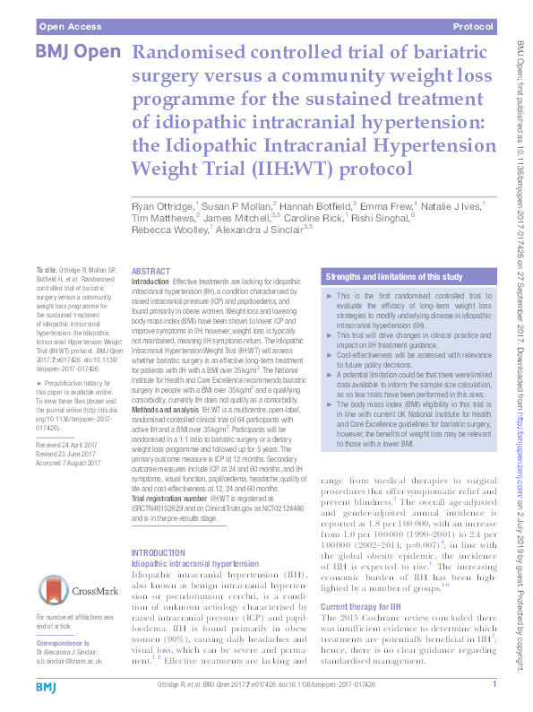 Randomised controlled trial of bariatric surgery versus a community weight loss programme for the sustained treatment of idiopathic intracranial hypertension: the Idiopathic Intracranial Hypertension Weight Trial (IIH:WT) protocol Thumbnail