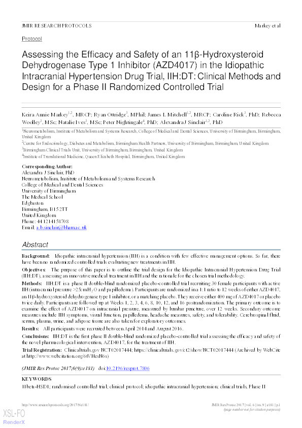 Assessing the Efficacy and Safety of an 11β-Hydroxysteroid Dehydrogenase Type 1 Inhibitor (AZD4017) in the Idiopathic Intracranial Hypertension Drug Trial, IIH:DT: Clinical Methods and Design for a Phase II Randomized Controlled Trial Thumbnail