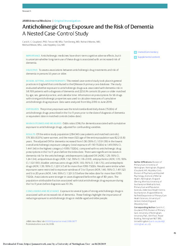Anticholinergic Drug Exposure and the Risk of Dementia: A Nested Case-Control Study Thumbnail