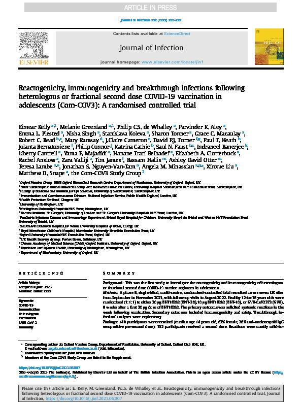 Reactogenicity, immunogenicity and breakthrough infections following heterologous or fractional second dose COVID-19 vaccination in adolescents (Com-COV3): A randomised controlled trial Thumbnail