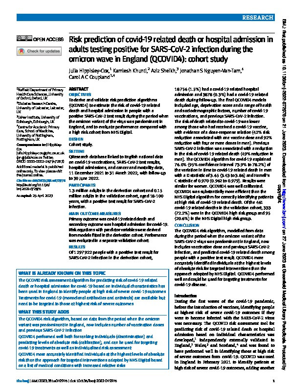 Risk prediction of covid-19 related death or hospital admission in adults testing positive for SARS-CoV-2 infection during the omicron wave in England (QCOVID4): cohort study Thumbnail