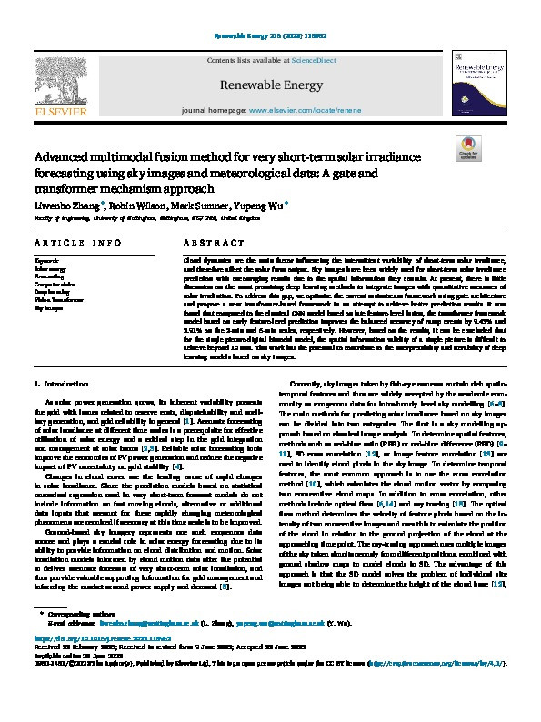 Advanced multimodal fusion method for very short-term solar irradiance forecasting using sky images and meteorological data: A gate and transformer mechanism approach Thumbnail