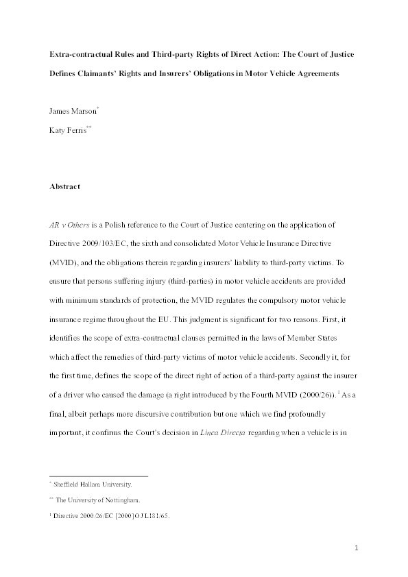 Extra-contractual Rules and Third-party Rights of Direct Action: The Court of Justice Defines Claimants' Rights and Insurers' Obligations in Motor Vehicle Agreements Thumbnail