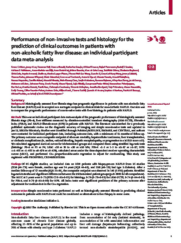 Performance of non-invasive tests and histology for the prediction of clinical outcomes in patients with non-alcoholic fatty liver disease: an individual participant data meta-analysis Thumbnail