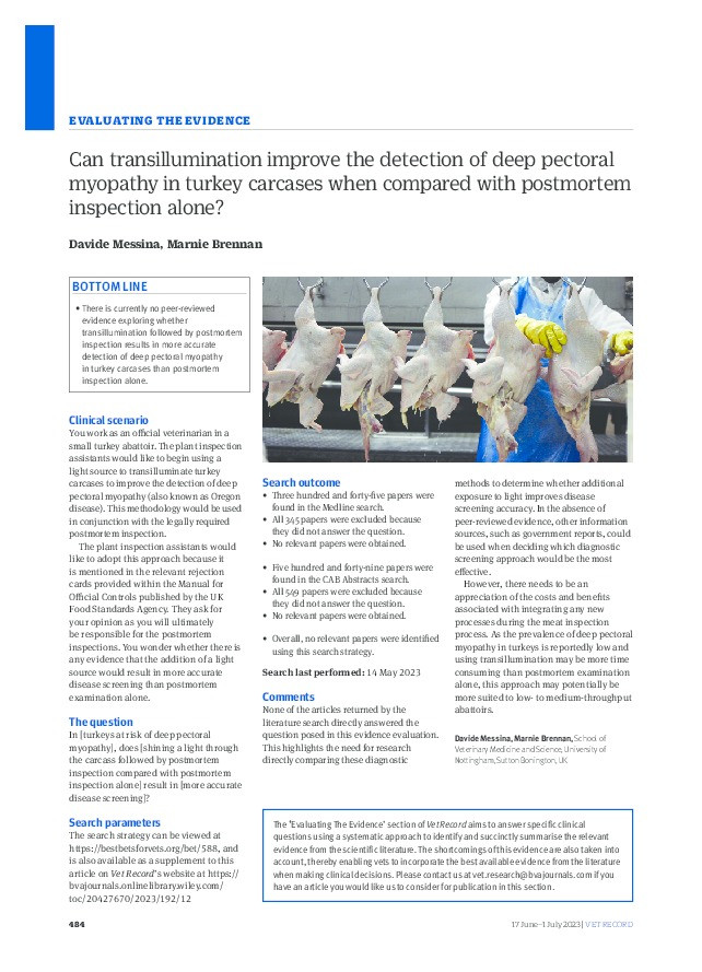 Can transillumination improve the detection of deep pectoral myopathy in turkey carcases when compared with postmortem inspection alone? Thumbnail