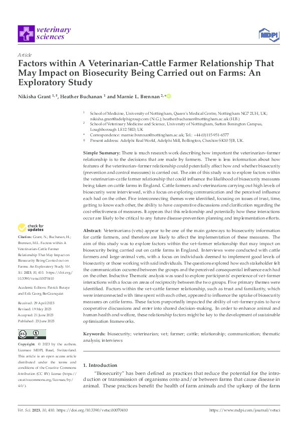 Factors within A Veterinarian-Cattle Farmer Relationship That May Impact on Biosecurity Being Carried out on Farms: An Exploratory Study Thumbnail