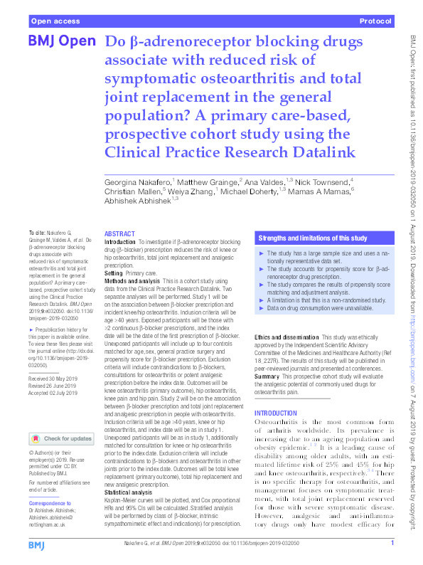 Do ?-adrenoreceptor blocking drugs associate with reduced risk of symptomatic osteoarthritis and total joint replacement in the general population?:  A primary-care based prospective cohort study using the Clinical Practice Research Datalink Thumbnail