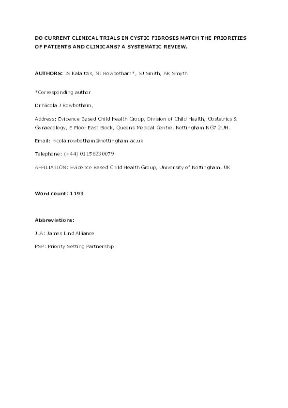 Do current clinical trials in cystic fibrosis match the priorities of patients and clinicans? A systematic review Thumbnail