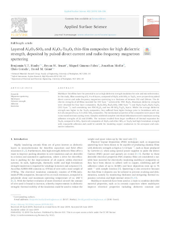 Layered Al2O3-SiO2 and Al2O3-Ta2O5 thin-film composites for high dielectric strength, deposited by pulsed direct current and radio frequency magnetron sputtering Thumbnail