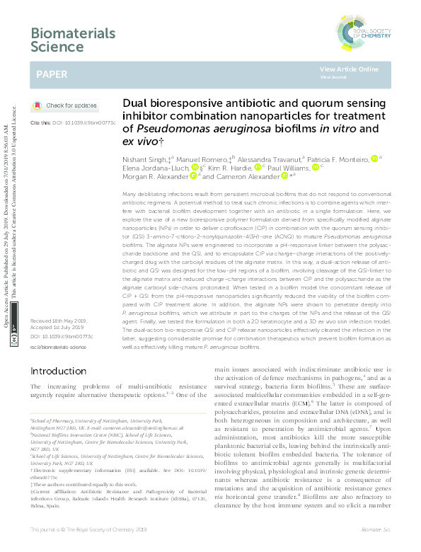 Dual Bioresponsive Antibiotic and Quorum Sensing Inhibitor Combination Nanoparticles for Treatment of Pseudomonas aeruginosa Biofilms In Vitro and Ex Vivo Thumbnail