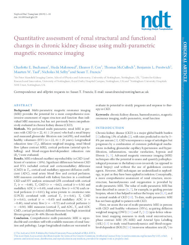 Quantitative assessment of renal structural and functional changes in chronic kidney disease using multi-parametric magnetic resonance imaging Thumbnail