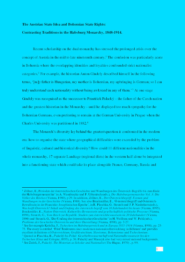 The Austrian State and Bohemian State Rights: Contrasting Traditions in the Habsburg Monarchy, 1848-1914 Thumbnail