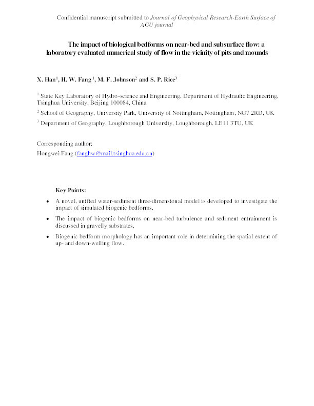 The impact of biological bedforms on near-bed and subsurface flow: a laboratory evaluated numerical study of flow in the vicinity of pits and mounds Thumbnail