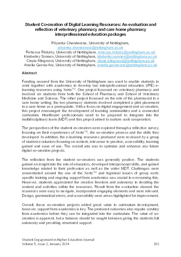 Student Co-creation of Digital Learning Resources: An evaluation and reflection of veterinary pharmacy and care home pharmacy interprofessional education packages Thumbnail