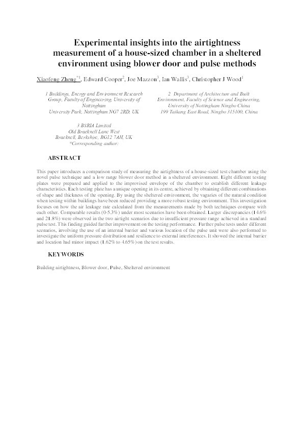 Experimental insights into the airtightness measurement of a house-sized chamber in a sheltered environment using blower door and pulse methods Thumbnail