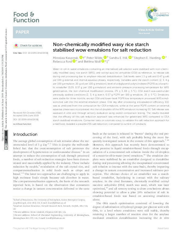 Non-chemically modified waxy rice starch stabilised wow emulsions for salt reduction Thumbnail