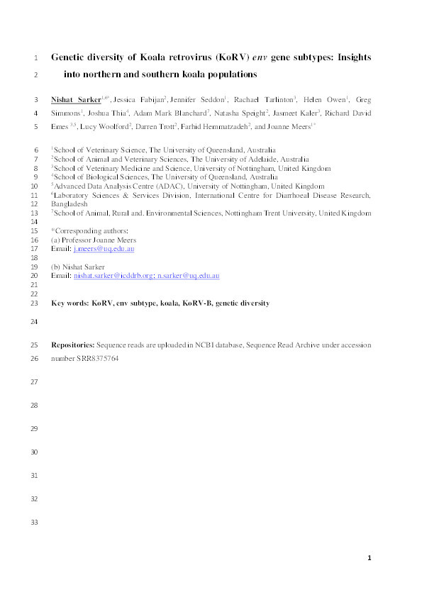 Genetic diversity of Koala retrovirus env gene subtypes: insights into northern and southern koala populations Thumbnail