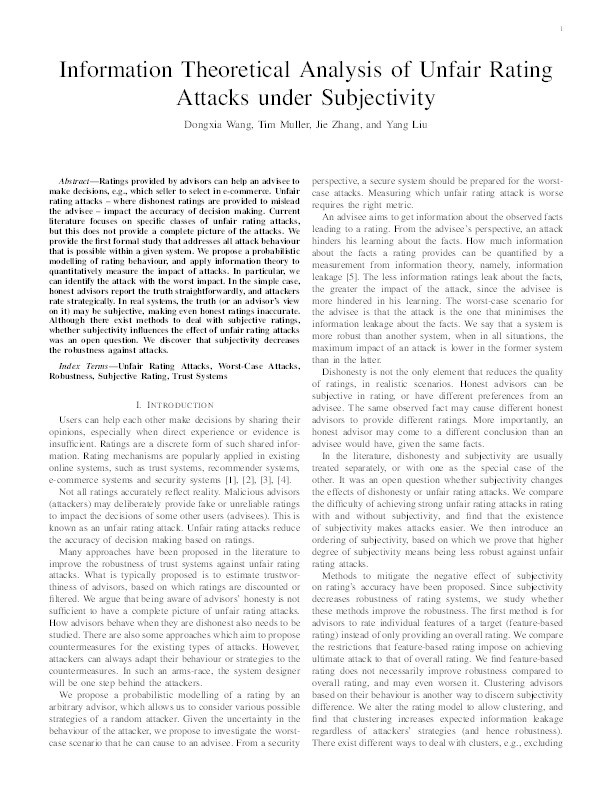 Information Theoretical Analysis of Unfair Rating Attacks under Subjectivity Thumbnail