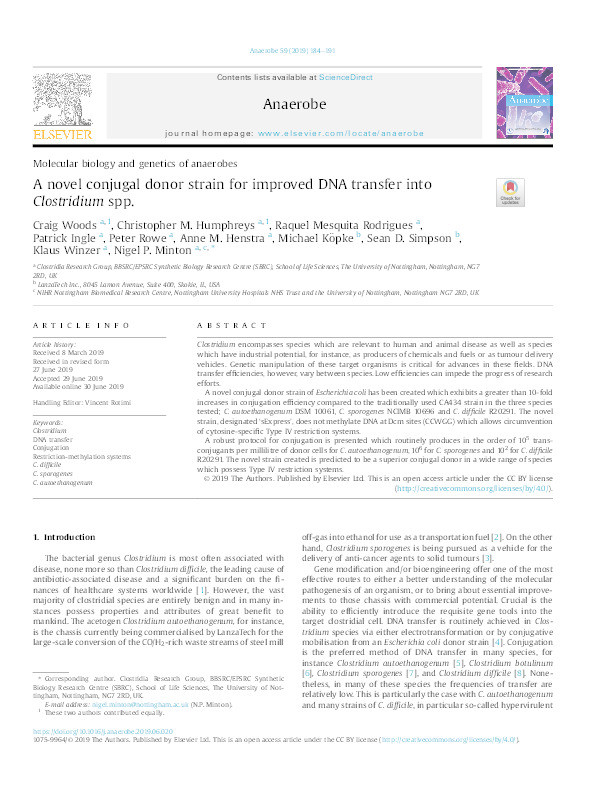 A novel conjugal donor strain for improved DNA transfer into Clostridium spp. Thumbnail