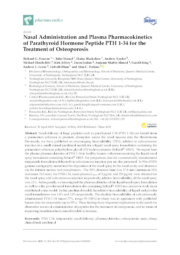 Nasal Administration and Plasma Pharmacokinetics of Parathyroid Hormone Peptide PTH 1-34 for the Treatment of Osteoporosis Thumbnail