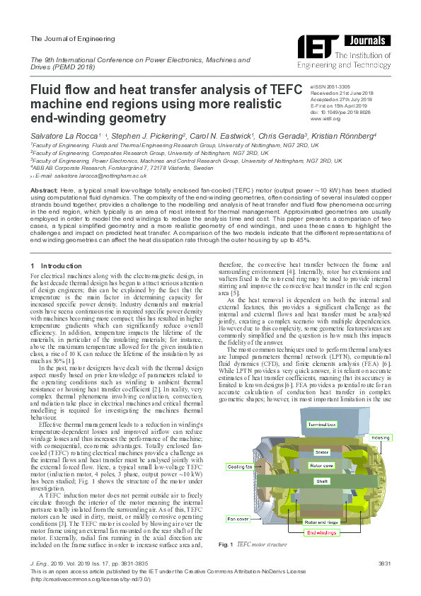 Fluid flow and heat transfer analysis of TEFC machine end regions using more realistic end-winding geometry Thumbnail