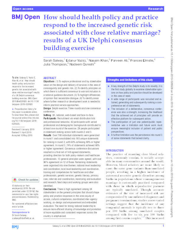 How should health policy and practice respond to the increased genetic risk associated with close relative marriage? results of a UK Delphi consensus building exercise Thumbnail