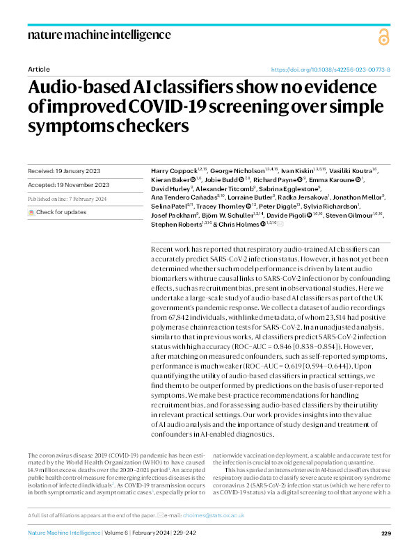 Audio-based AI classifiers show no evidence of improved COVID-19 screening over simple symptoms checkers Thumbnail