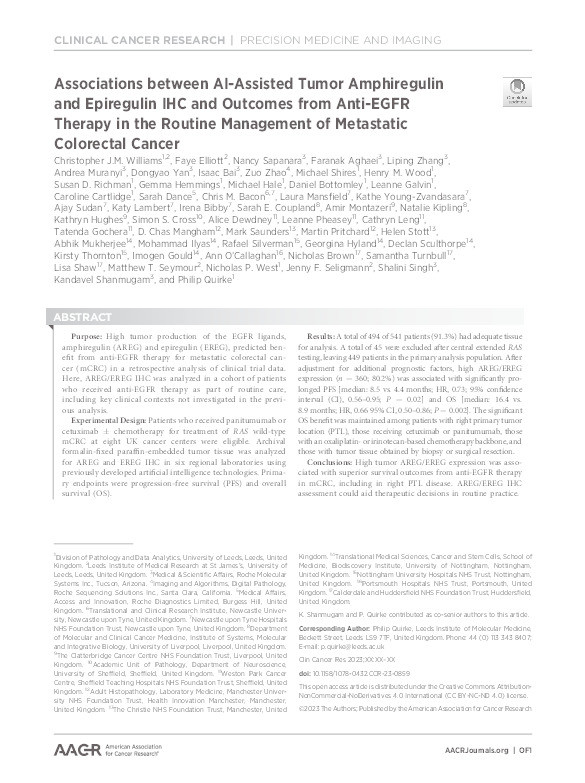 Associations between AI-Assisted Tumor Amphiregulin and Epiregulin IHC and Outcomes from Anti-EGFR Therapy in the Routine Management of Metastatic Colorectal Cancer Thumbnail