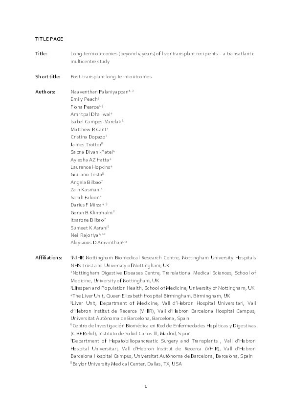 Long-term outcomes (beyond 5 years) of liver transplant recipients - a transatlantic multicentre study Thumbnail