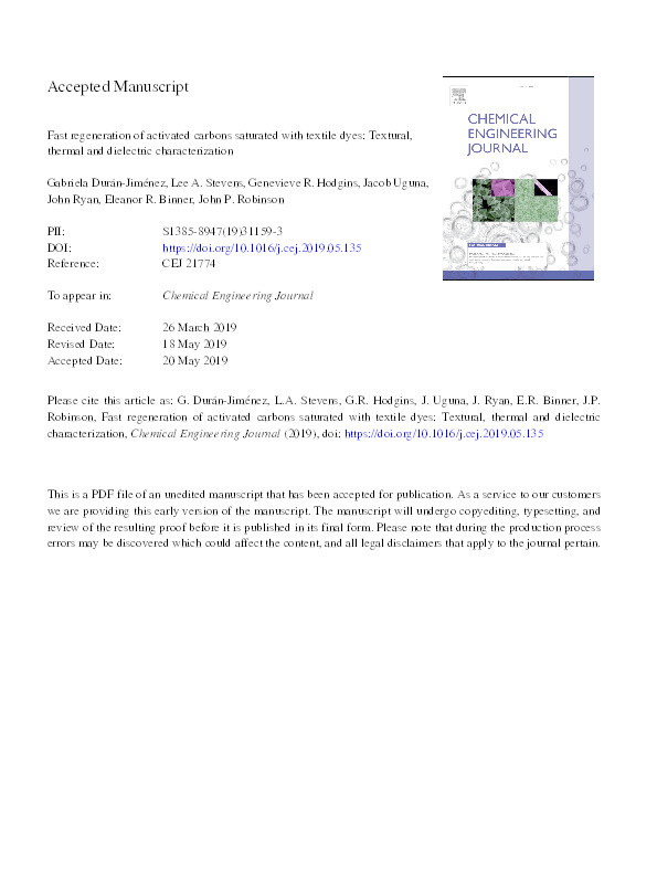 Fast regeneration of activated carbons saturated with textile dyes: Textural, thermal and dielectric characterization Thumbnail