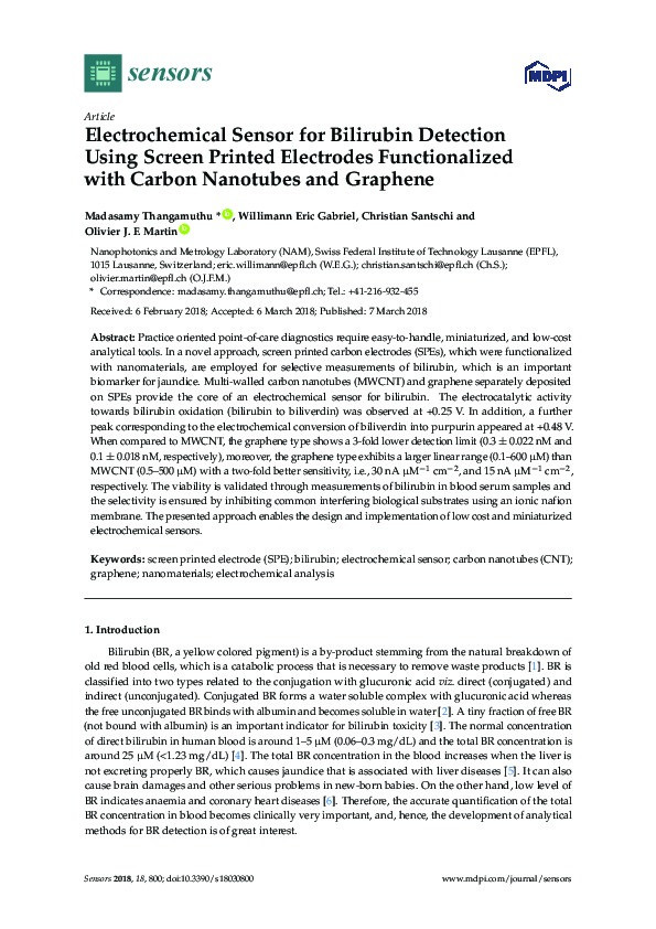 Electrochemical Sensor for Bilirubin Detection Using Screen Printed Electrodes Functionalized with Carbon Nanotubes and Graphene Thumbnail