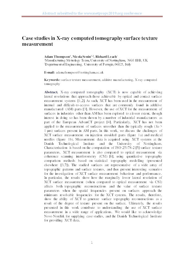 Case studies in X ray computed tomography surface texture measurement Thumbnail