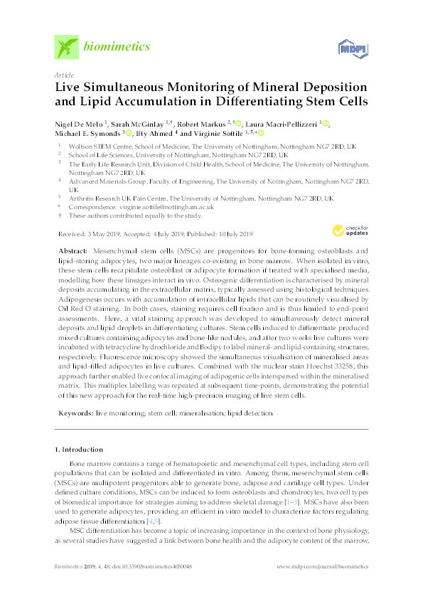 Live Simultaneous Monitoring of Mineral Deposition and Lipid Accumulation in Differentiating Stem Cells Thumbnail