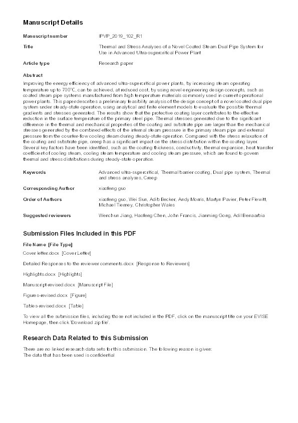 Thermal and stress analyses of a novel coated steam dual pipe system for use in advanced ultra-supercritical power plant Thumbnail