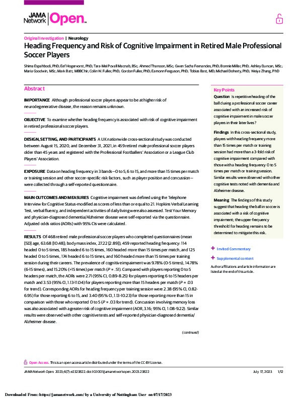 Heading Frequency and Risk of Cognitive Impairment in Retired Male Professional Soccer Players Thumbnail