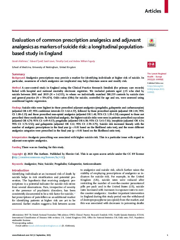 Evaluation of common prescription analgesics and adjuvant analgesics as markers of suicide risk: a longitudinal population-based study in England Thumbnail