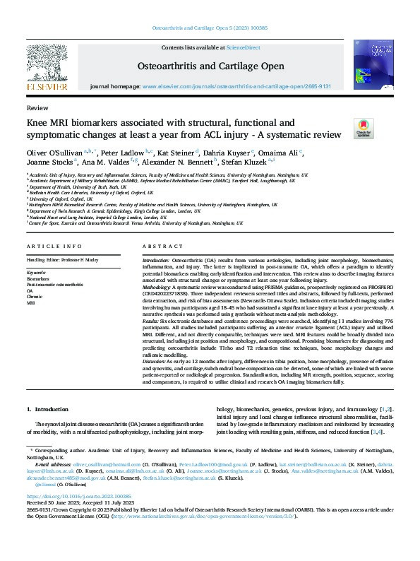 Knee MRI biomarkers associated with structural, functional and symptomatic changes at least a year from ACL injury - A systematic review Thumbnail