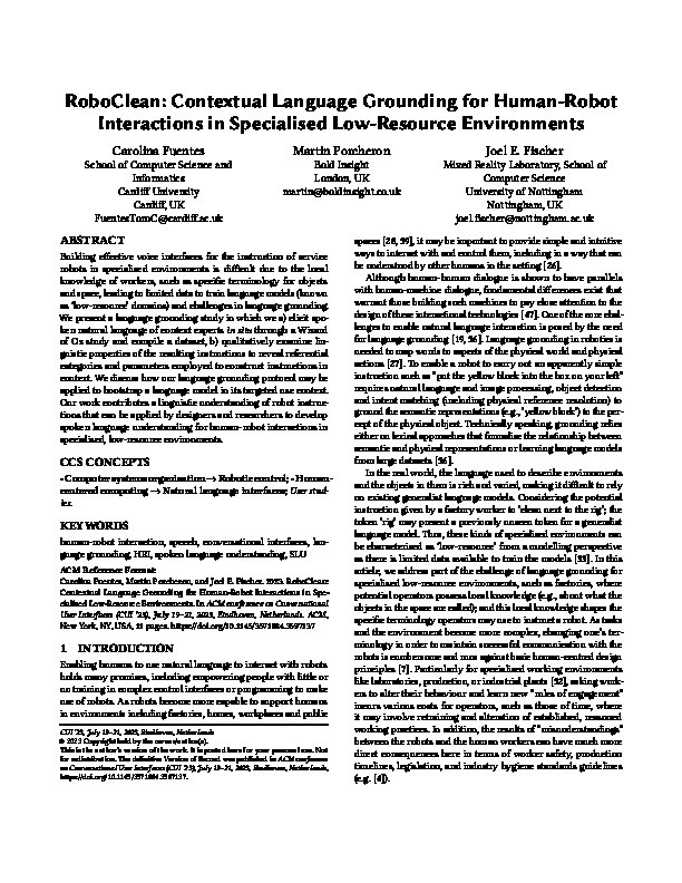 RoboClean: Contextual Language Grounding for Human-Robot Interactions in Specialised Low-Resource Environments Thumbnail