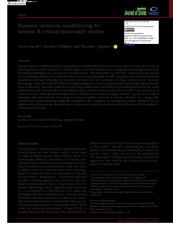 Remote ischemic conditioning for stroke: A critical systematic review Thumbnail