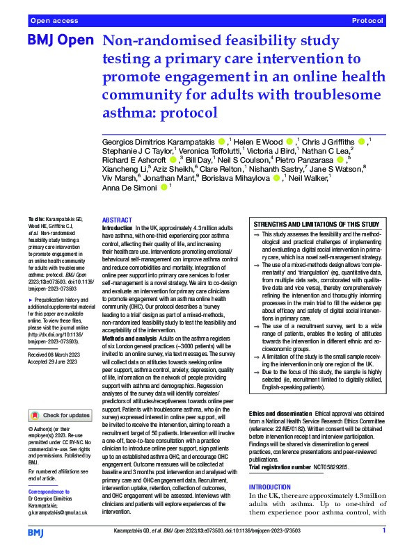 Non-randomised feasibility study testing a primary care intervention to promote engagement in an online health community for adults with troublesome asthma: protocol Thumbnail